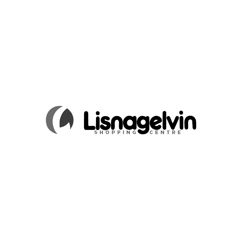 Lisnagelvin shopping centre logo in black and white.